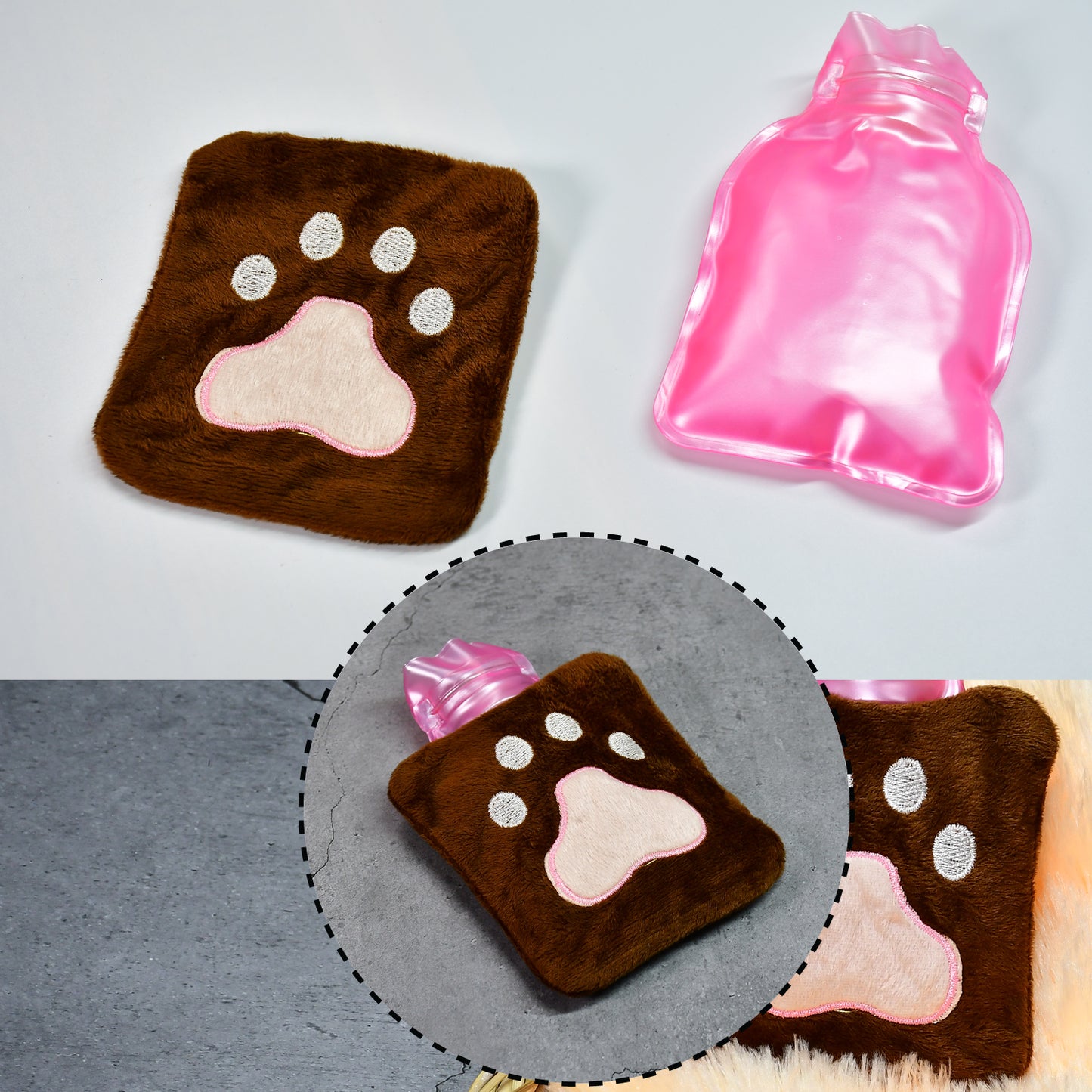 Wukusy Paw Print Small Hot Water Bag with cover for pain relief, neck, shoulder, hand, feet warmer, and menstrual cramps.