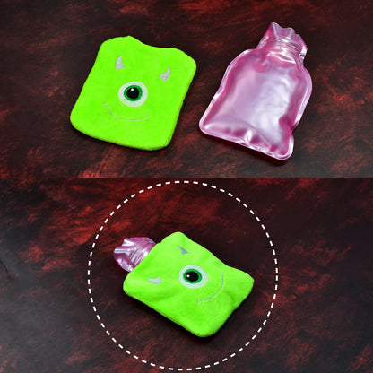Green Wukusy One Eye Monster print small hot water bag with cover for pain relief, neck, shoulder, hand, feet warming, and menstrual cramps.