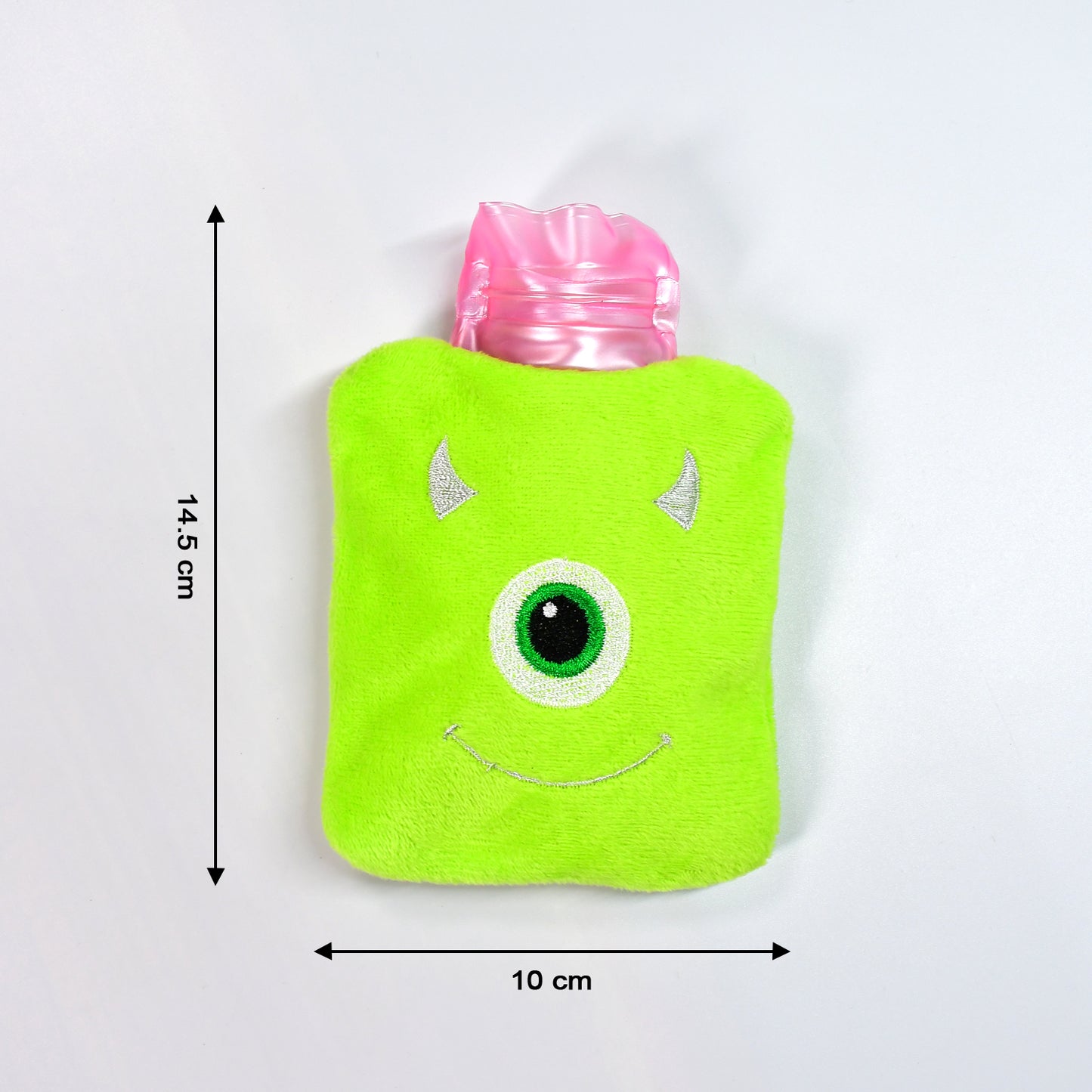 Wukusy green one-eye monster print small hot water bag with cover for pain relief, neck, shoulder, hand, foot warming, menstrual cramps.