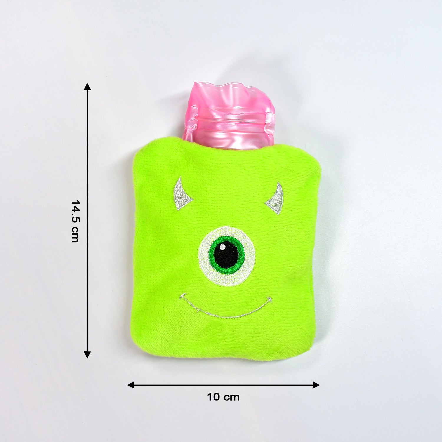 Wukusy green one-eye monster print small hot water bag with cover for pain relief, neck, shoulder, hand, foot warming, menstrual cramps.