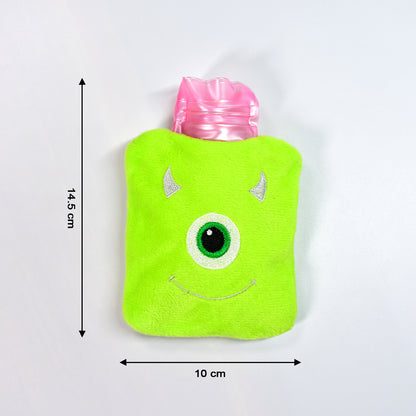 Wukusy green one-eye monster print small hot water bag with cover for pain relief, neck, shoulder, hand, foot warming, menstrual cramps.