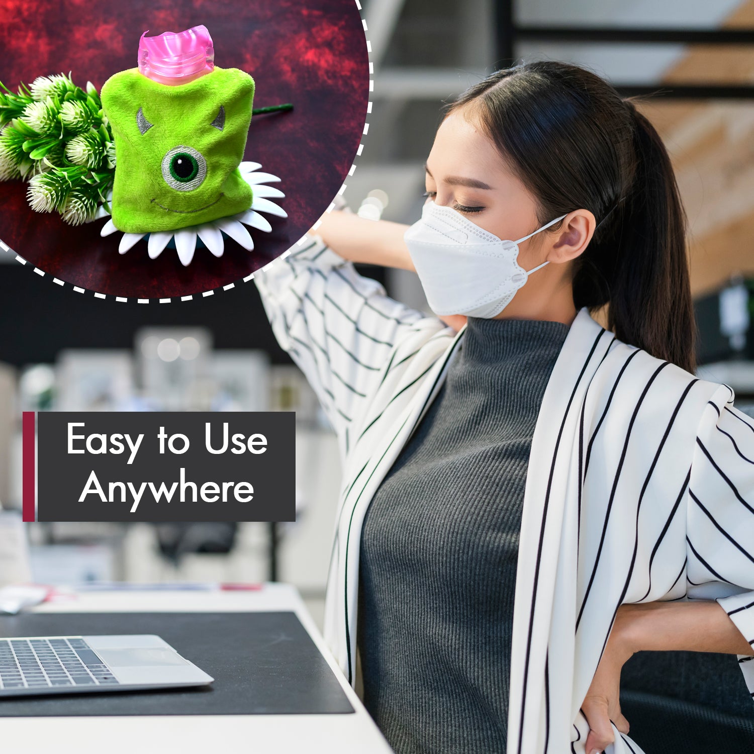 Green one-eye monster print small hot water bag with cover from Wukusy, used for pain relief, neck, shoulder, hand, feet warmers, and cramps.