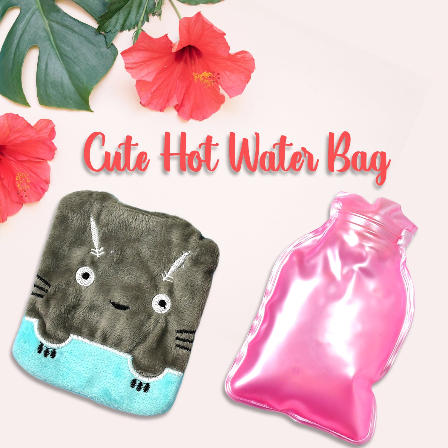 Grey cat print small hot water bag with cover by Wukusy, used for pain relief, neck, shoulder, hand, feet warmth, and menstrual cramps.