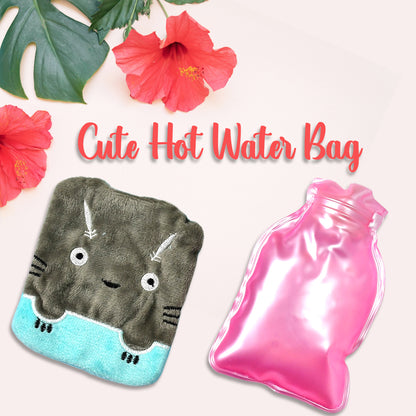 Grey cat print small hot water bag with cover by Wukusy, used for pain relief, neck, shoulder, hand, feet warmth, and menstrual cramps.