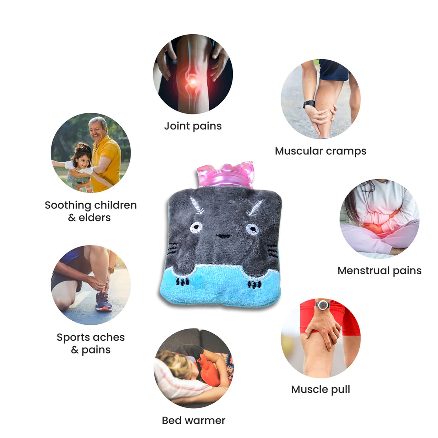 Grey cat print Wukusy small hot water bag with cover, used for pain relief, neck, shoulder, hand, feet warming, and menstrual cramps.
