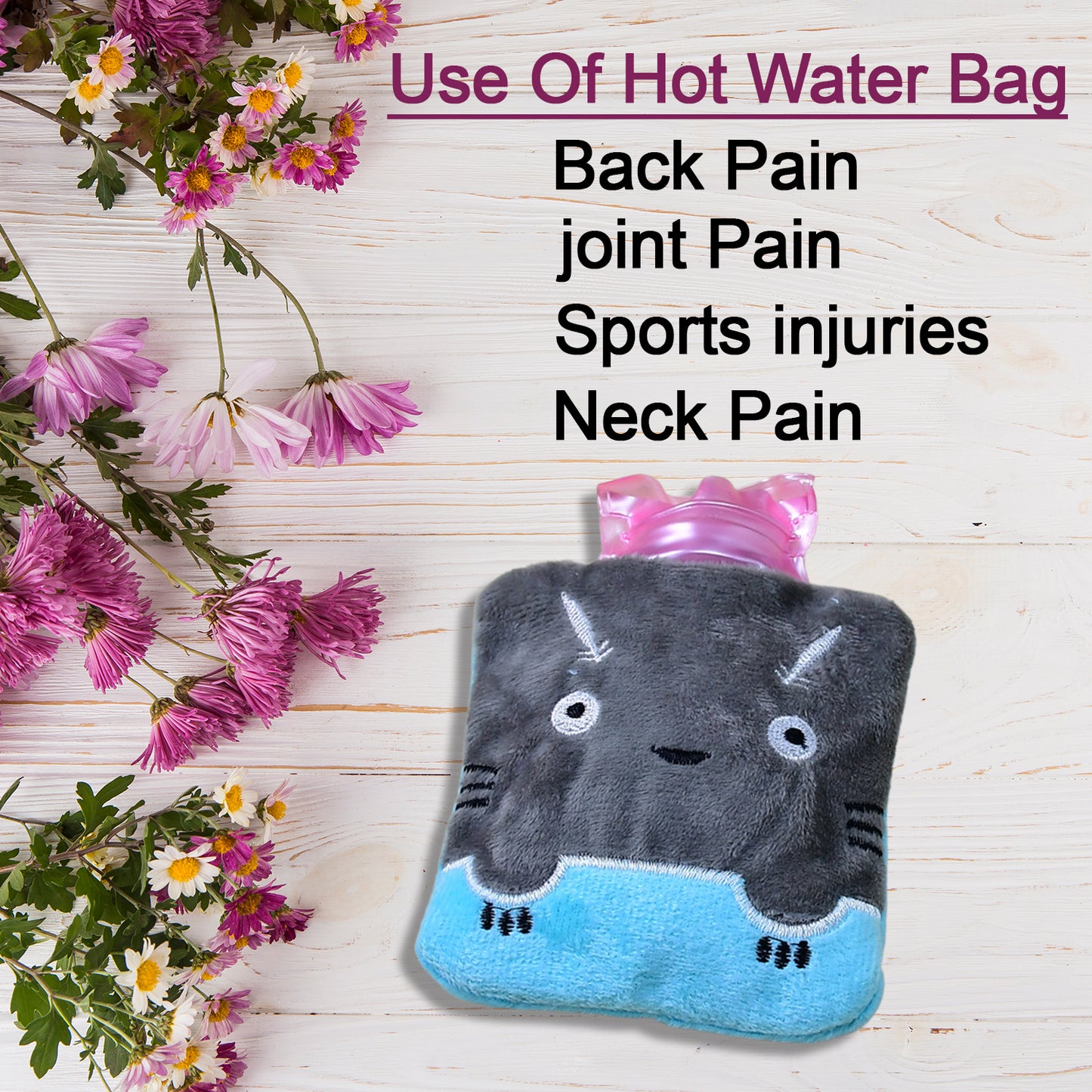 Grey cat print small hot water bag with cover by Wukusy, used for pain relief, neck, shoulder, hand, feet warmth, and menstrual cramps.