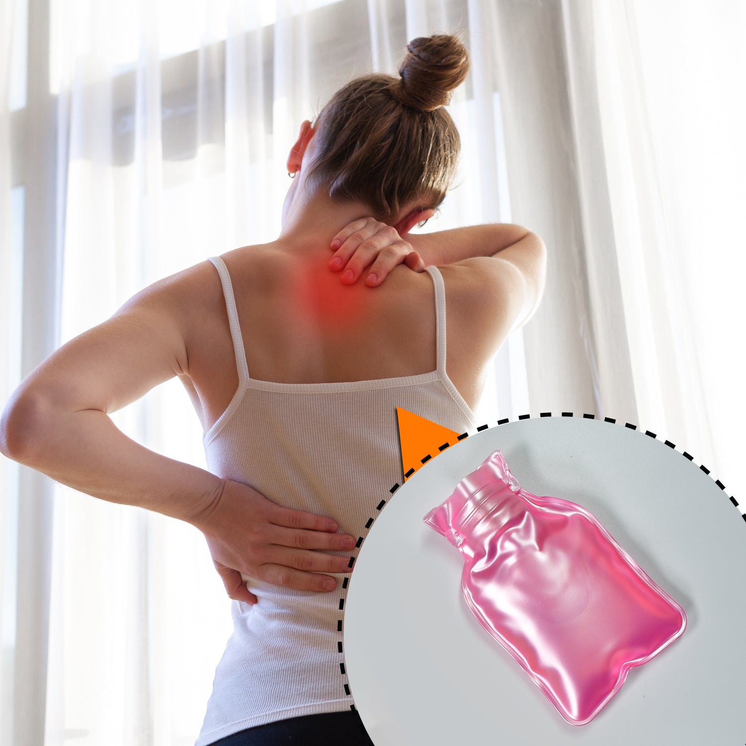 Pink Wukusy small hot water bag with cover, used for pain relief, neck, shoulder, hand, feet warmth, and menstrual cramps.