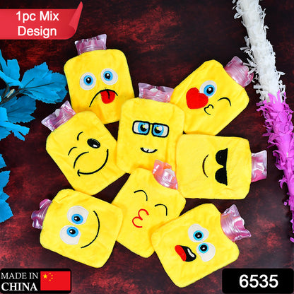Wukusy small hot water bag with colorful emoji cover for pain relief, neck, shoulder, hand, foot warmer, and menstrual cramps.