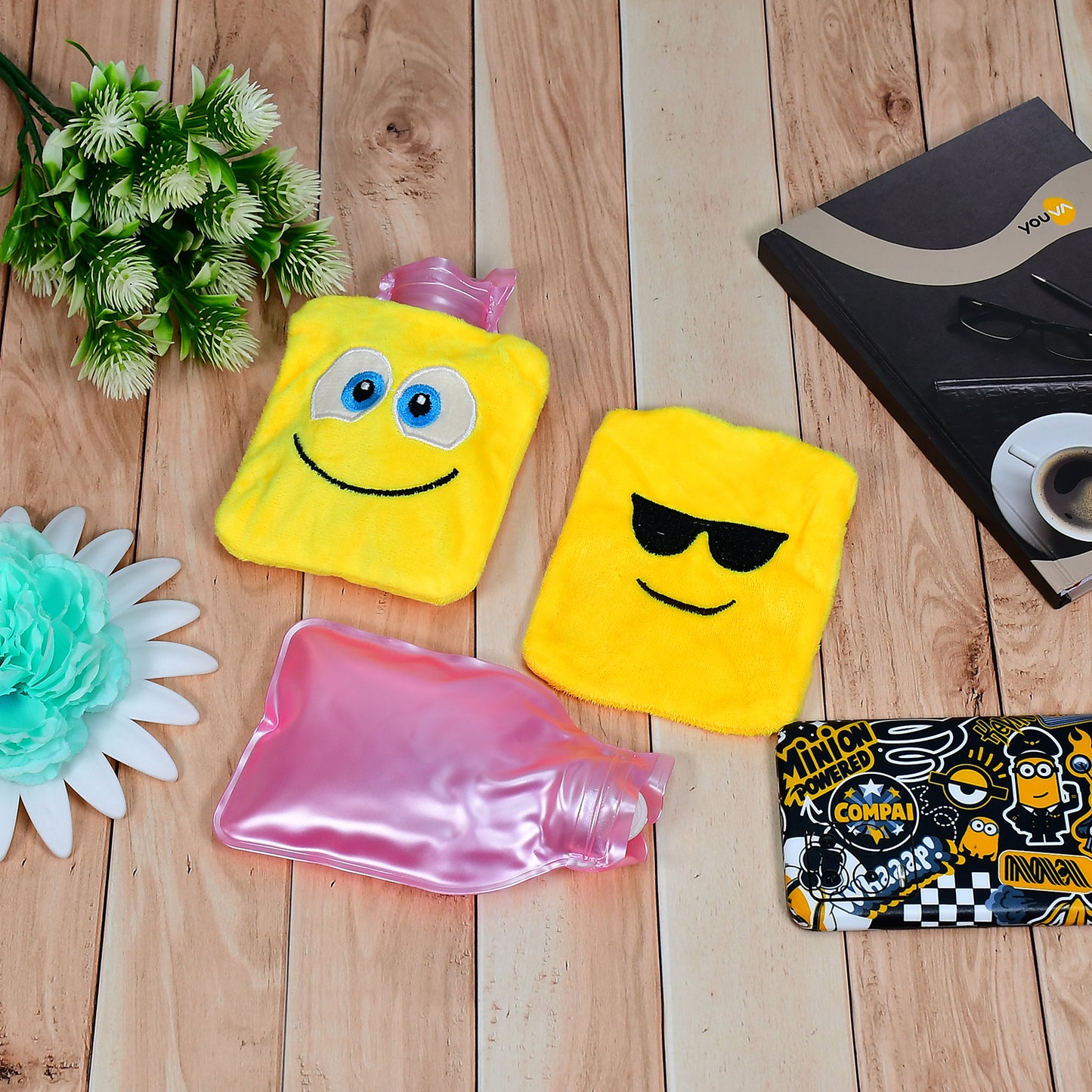 Wukusy small hot water bag with colorful emoji cover for pain relief, neck, shoulder, and menstrual cramp comfort.