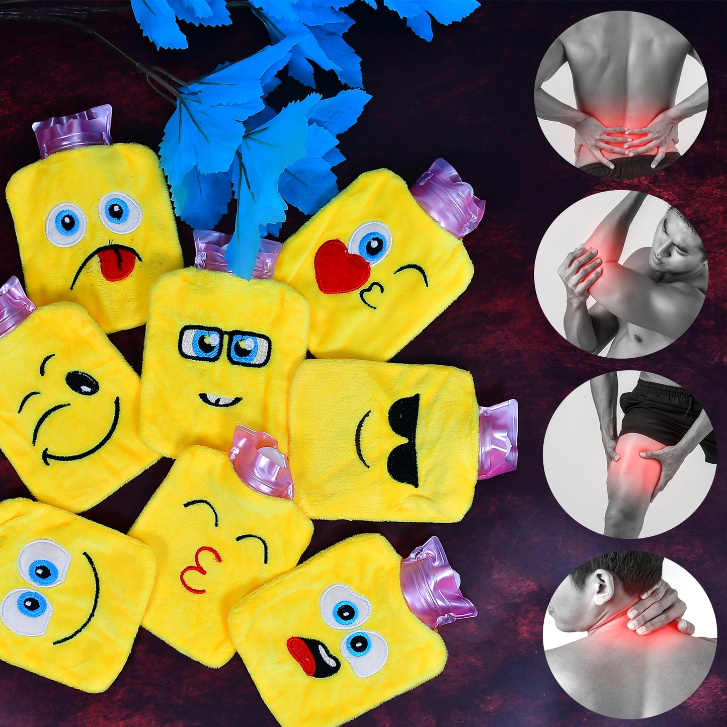 Wukusy small hot water bag with colorful emoji designs, cover for pain relief, neck, shoulder, hand, feet warmer, menstrual cramps.