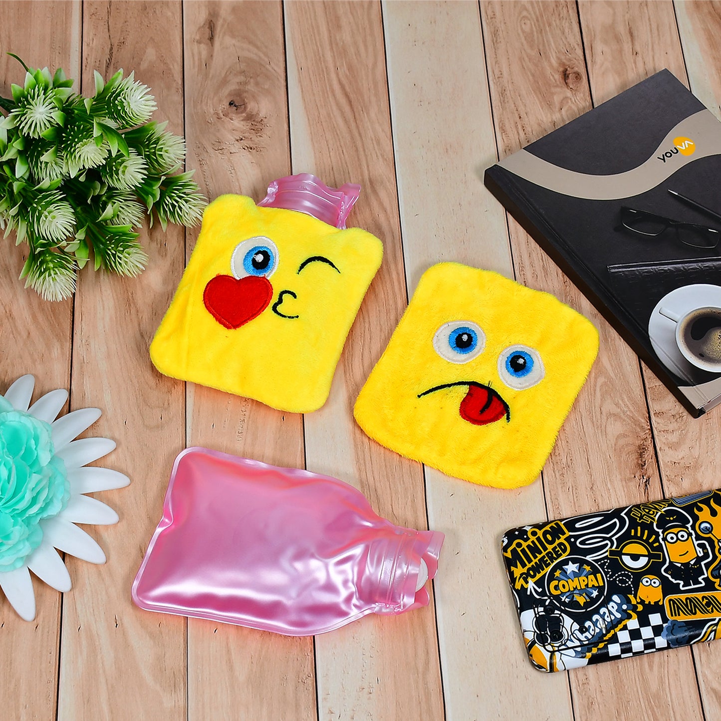 Wukusy small hot water bag with emoji cover, designed for pain relief, shoulder, neck, hand, feet warmth, and menstrual cramps.