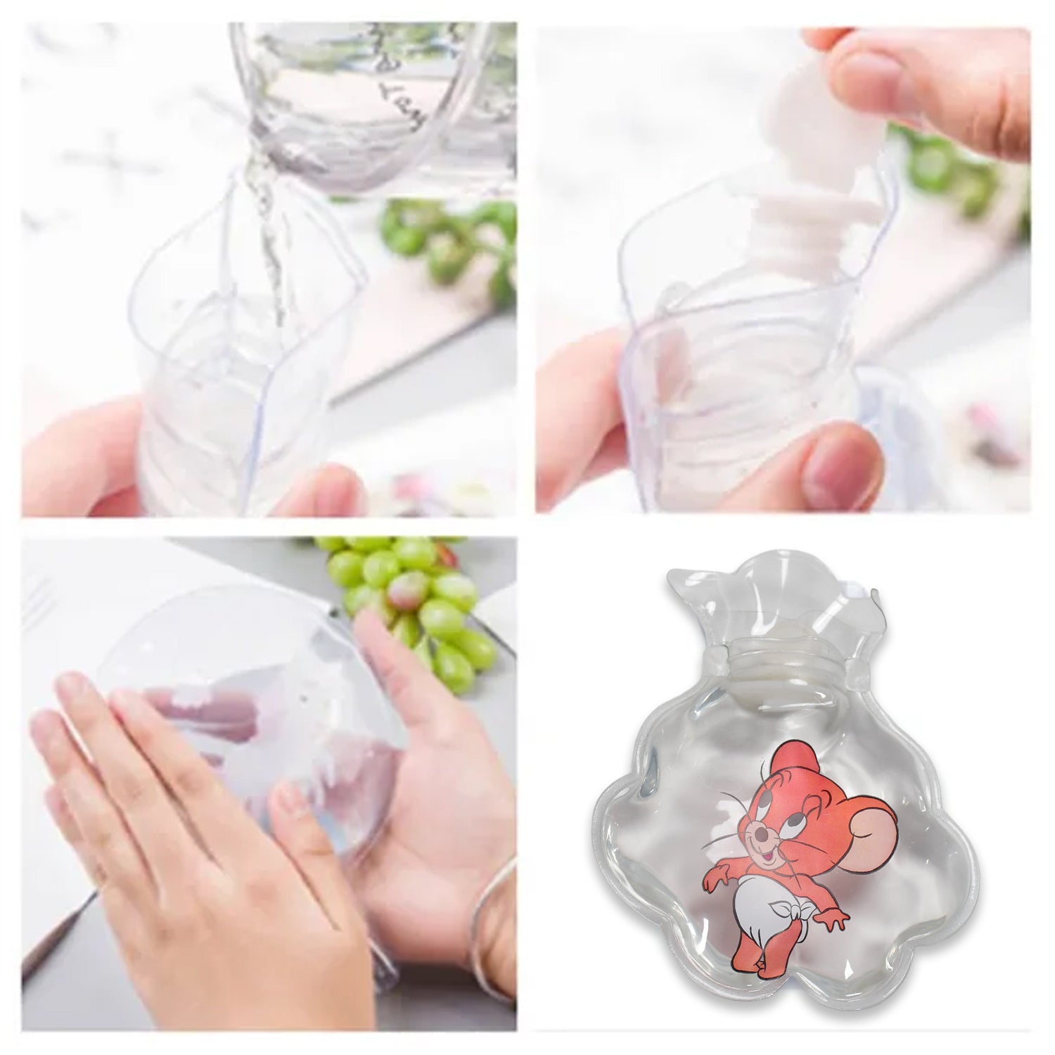 Wukusy transparent small hot water bag with colorful designs and cover, used for pain relief, muscle warmth, and menstrual cramps.