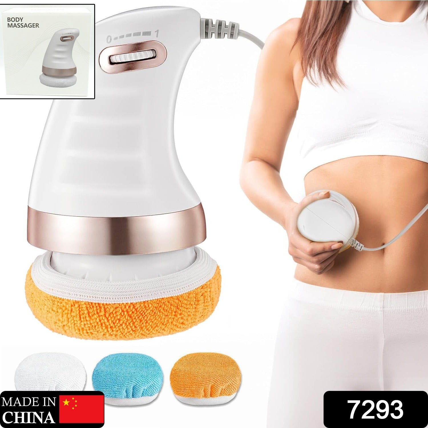 Wukusy 7293 Body Massager Shaping Machine with washable pads, adjustable speeds, handheld design for belly, waist, legs, arms, and butt.