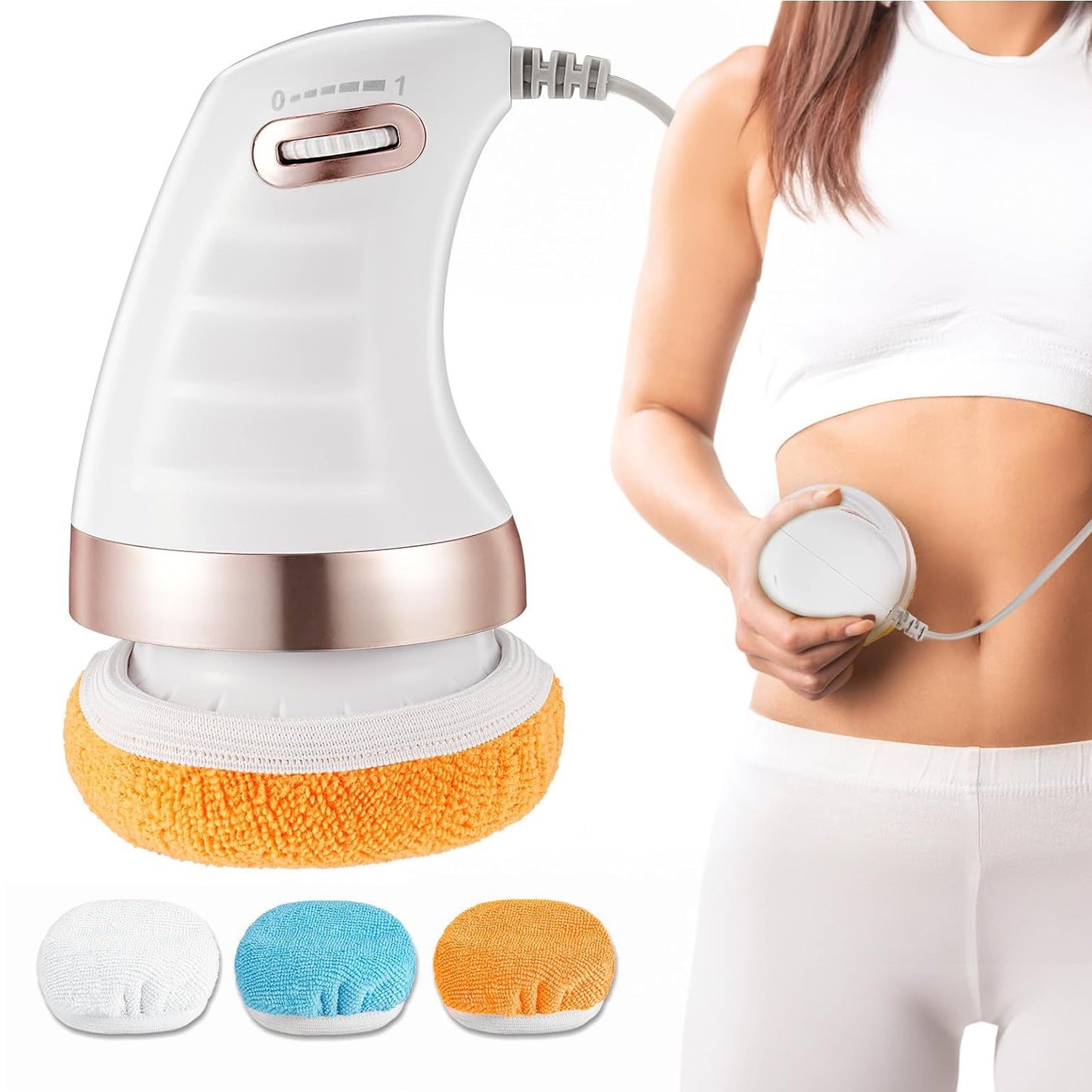 Wukusy 7293 Body Massager Shaping Machine with 3 washable pads, handheld electric massager for belly, waist, legs, arms, and buttocks.