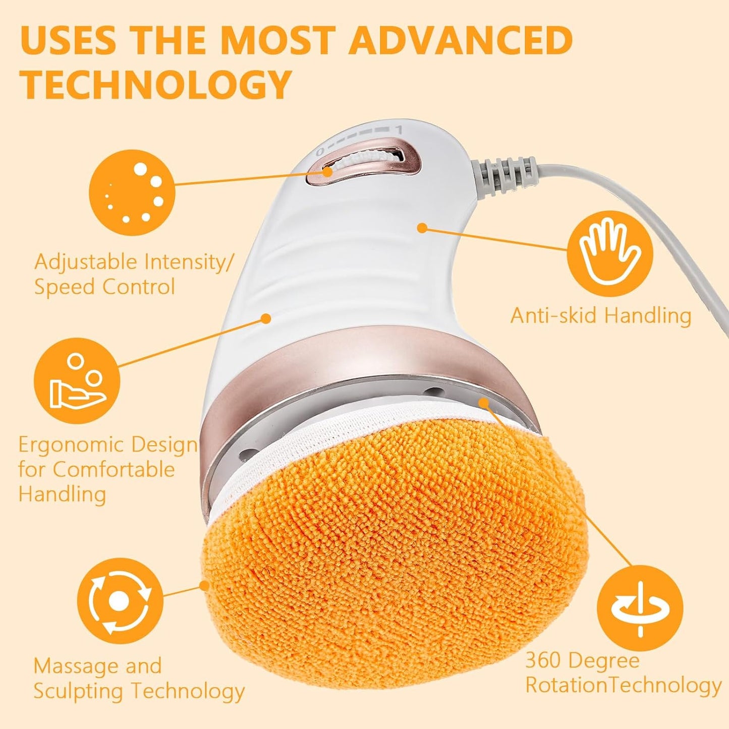 Wukusy Body Massager Shaping Machine with 3 washable pads, adjustable speeds, handheld for belly, waist, legs, arms, and butt.