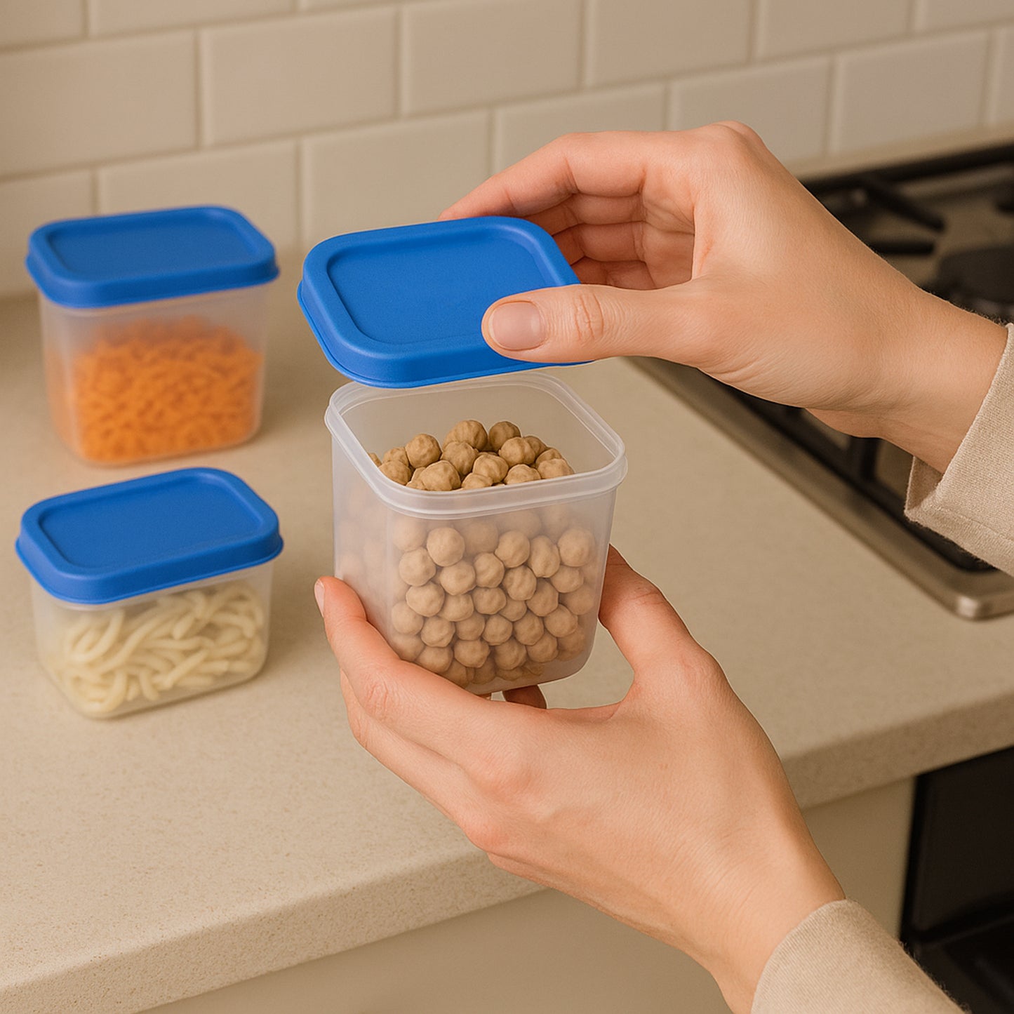 Wukusy Apex Glory 4-piece plastic storage container set for health care, featuring clear lids and stackable design.