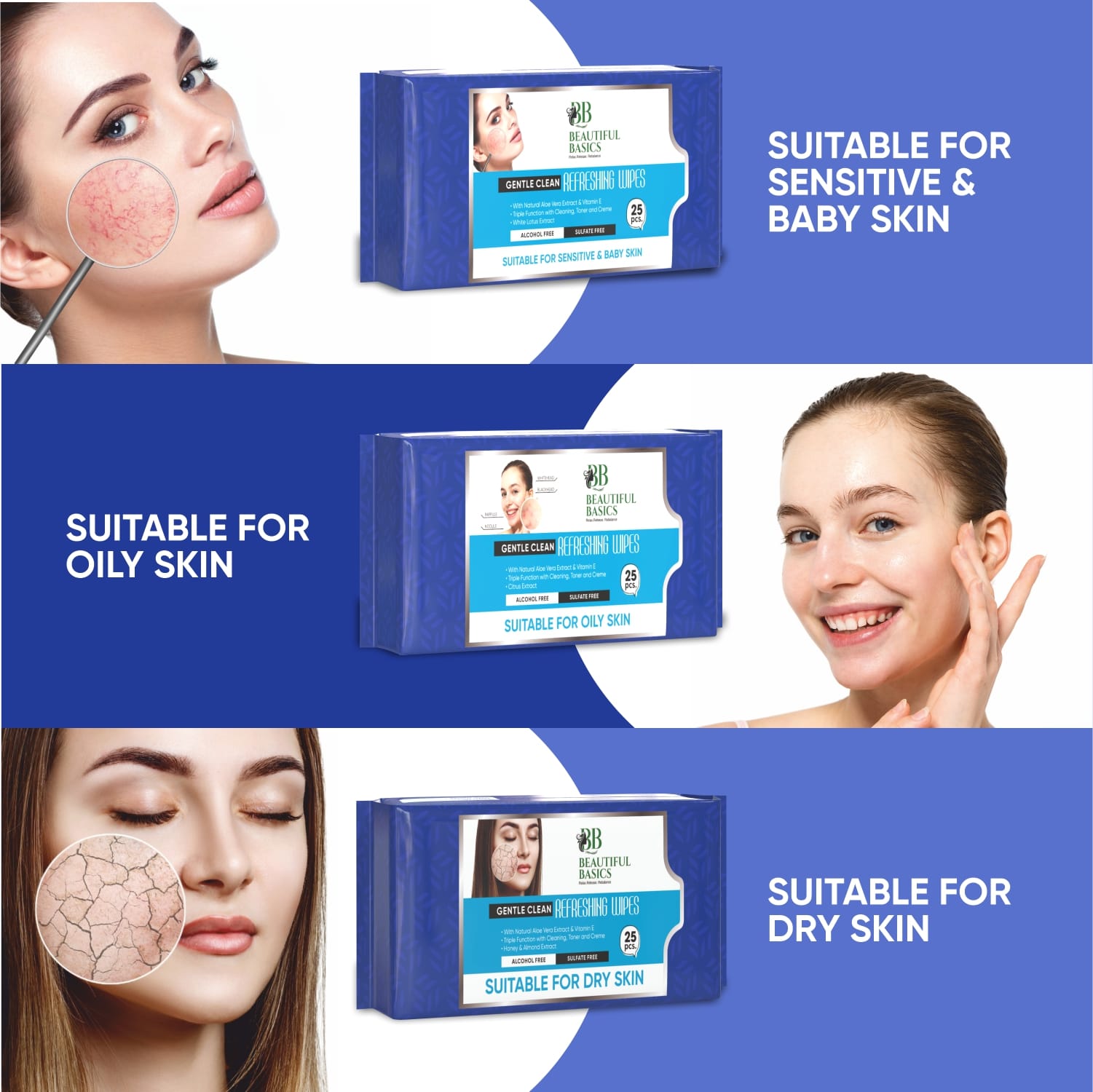 Wukusy Beautiful Basics dry, oily, sensitive, normal skin face wipes in 4 packs of 100 for gentle skincare and cleansing.
