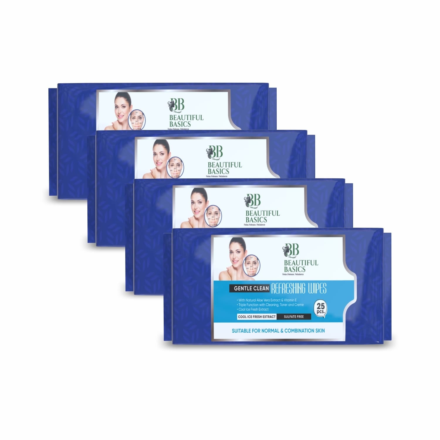 Wukusy Beautiful Basics face wipes for dry, oily, sensitive, and normal skin, 4 packs of 100 disposable skincare wipes.