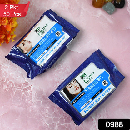 Wukusy Beautiful Basics Dry Sensitive Skin Face Wipes in a 2-pack, 50 wipes each, for gentle skincare and face cleansing.
