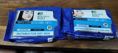 Wukusy Beautiful Basics Dry Sensitive Skin Face Wipes in two 50-pack pockets, gentle skincare for sensitive skin.