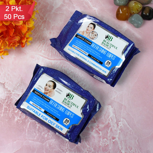 Wukusy Beautiful Basics face wipes for normal oily skin, 2 packs of 50 wipes each, in a health care product image.