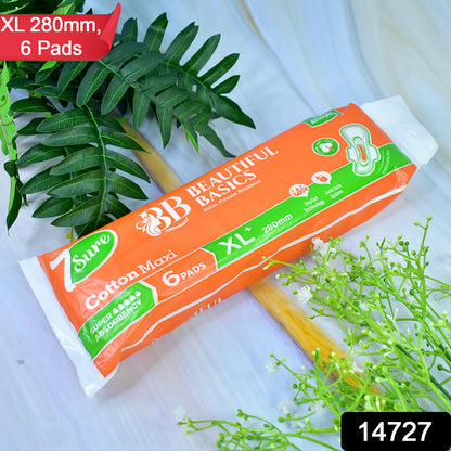 Wukusy Beautiful Basics orange cotton maxi sanitary pads, XL 280mm, pack of 6, for health care and feminine hygiene.