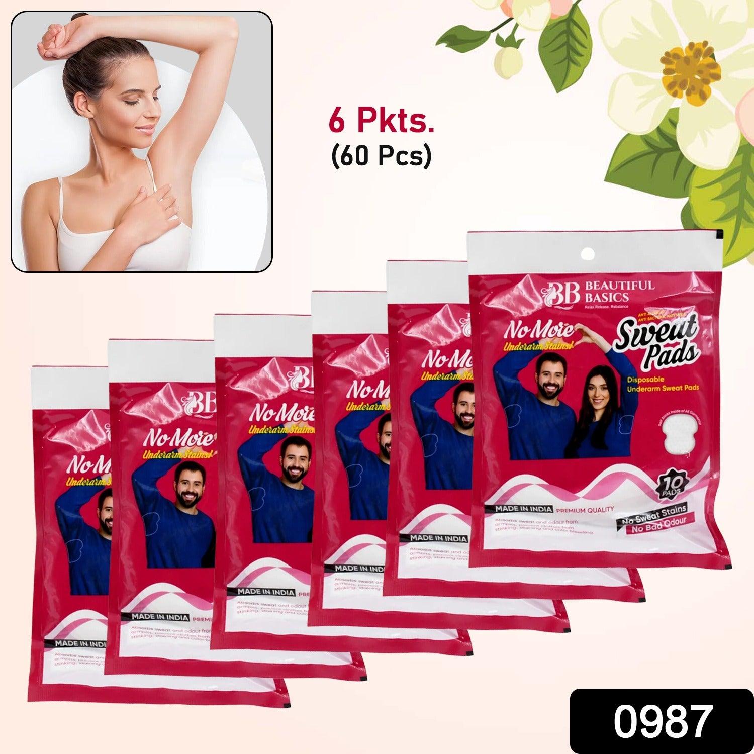 Wukusy Beautiful Basics disposable underarm sweat pads in a set of 6 packs, each with 60 absorbent underarm pads for health care.