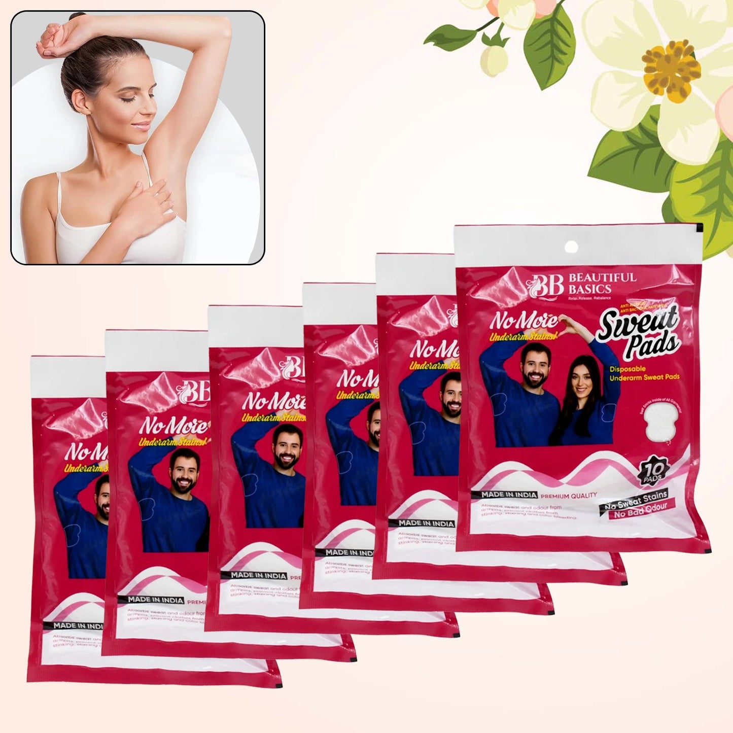Disposable underarms sweat pads by Wukusy, part of Beautiful Basics, shown in a pack of 6 boxes with 60 pads each for odor and sweat control.