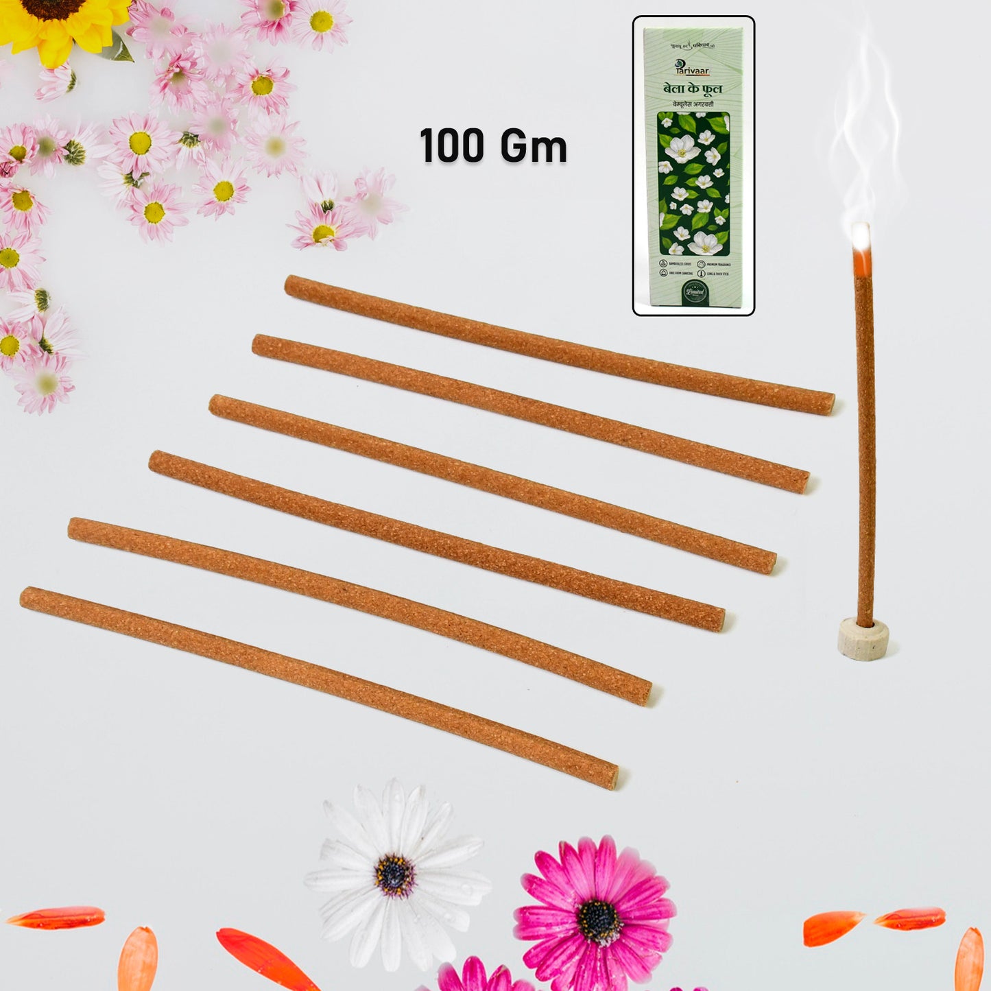 Wukusy Bela Ke Phool premium incense sticks with stand, 100g, for health care, featuring traditional floral fragrance in a clear package