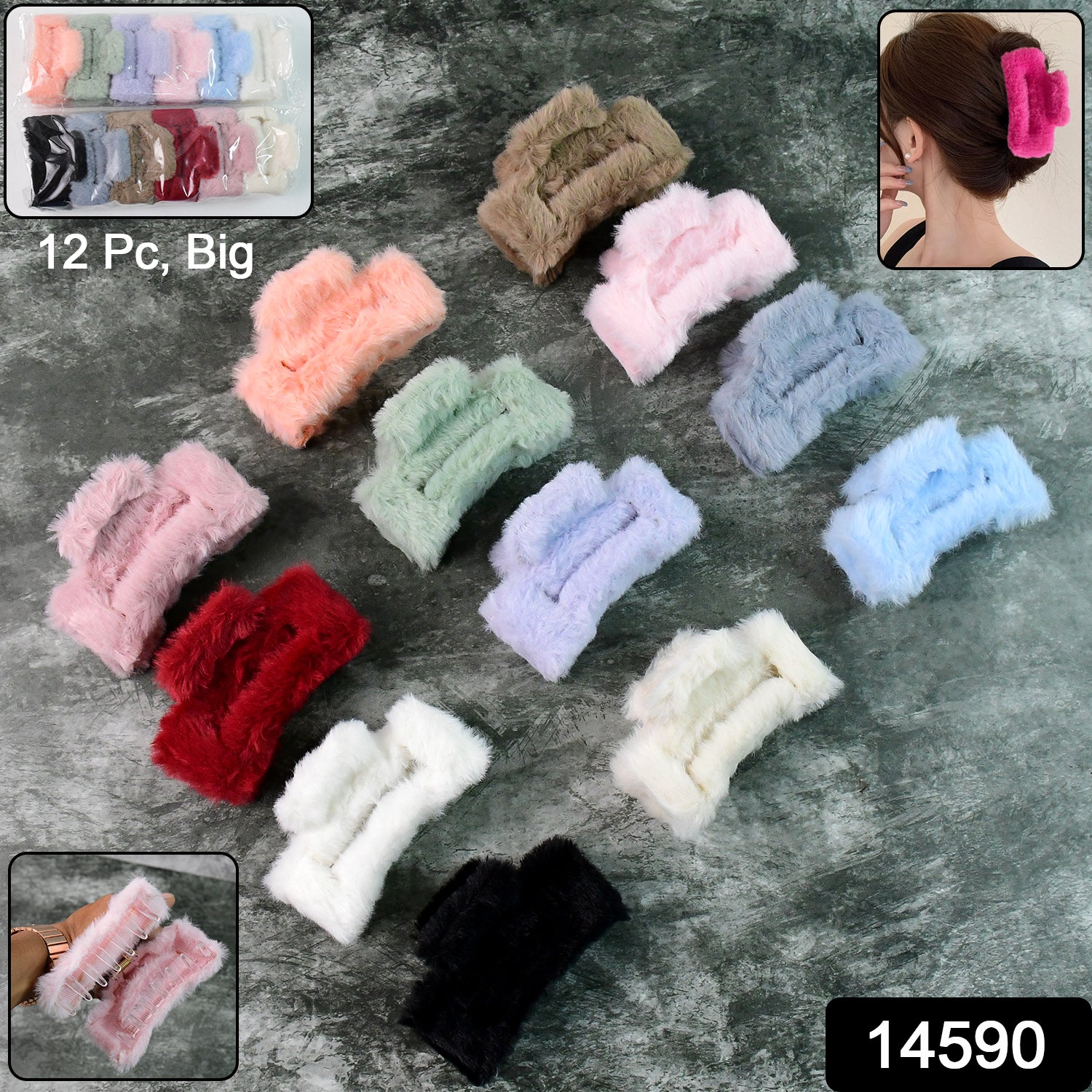 Set of 12 large soft faux fur hair claw clips by Wukusy, ideal for secure and stylish hair styling.