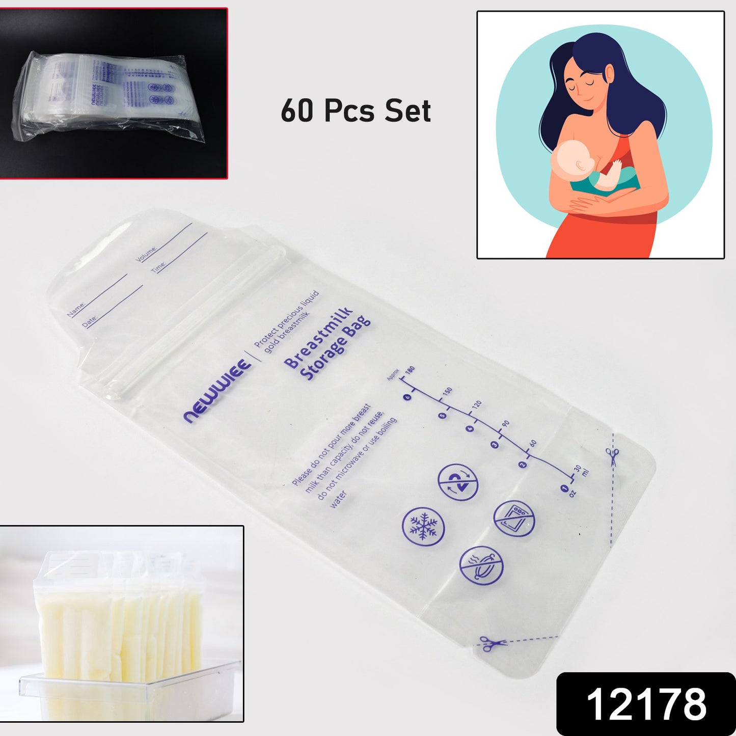 Set of 60 Wukusy breastmilk storage bags with double zipper seal, designed for safe and convenient milk storage.
