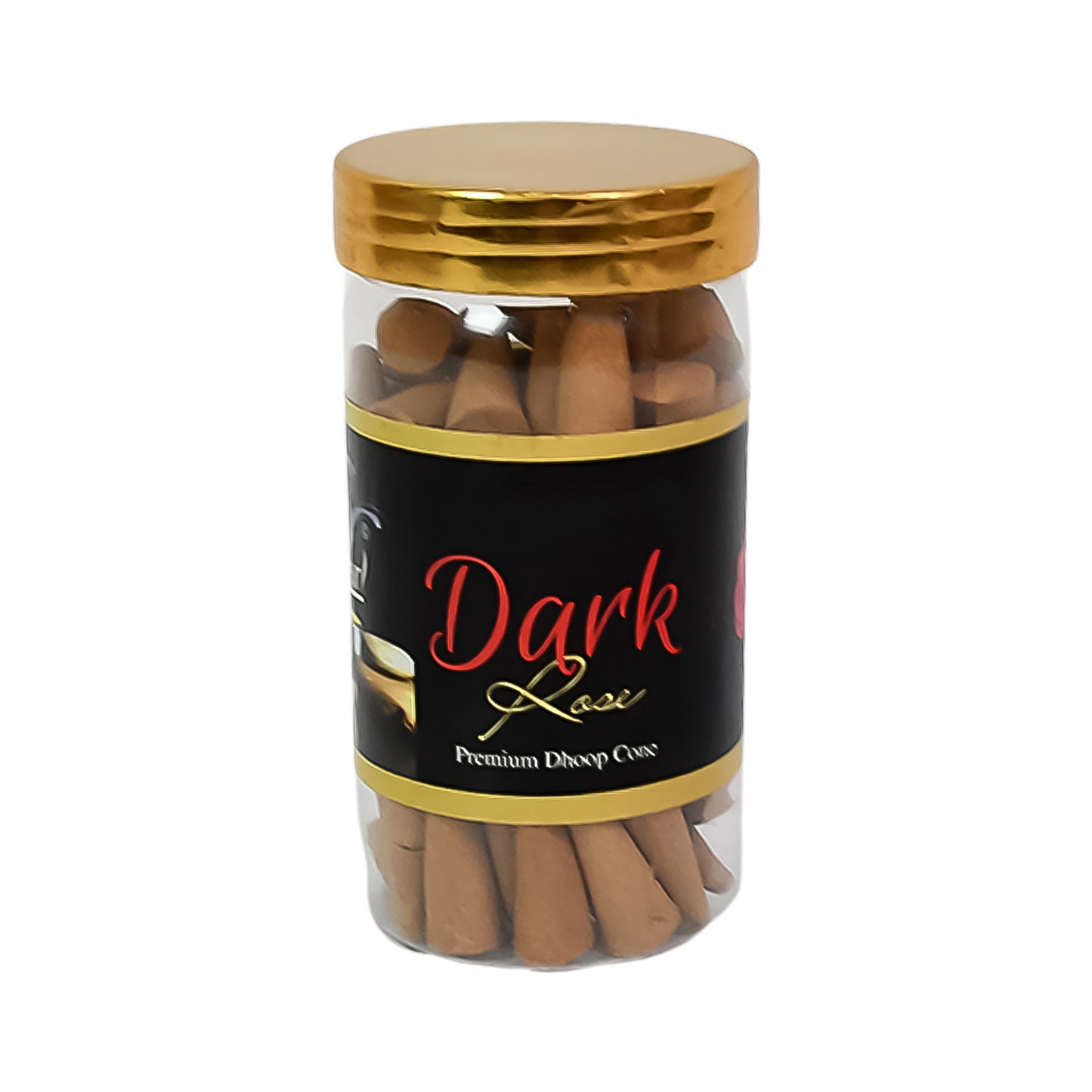 Dark Rose Dhoop Cones by Wukusy, premium health care incense cones, 120 grams, with dark rose fragrance in a close-up image.