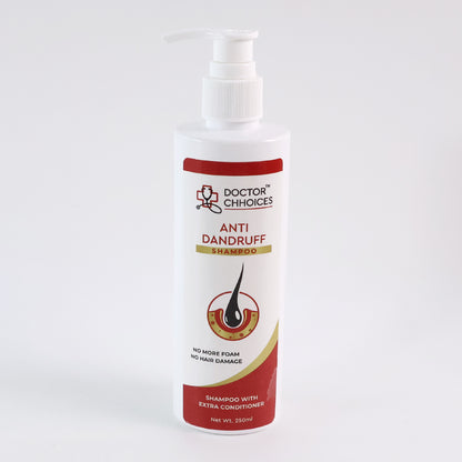 Wukusy Doctor Chhoices Anti-dandruff Shampoo bottle, 250ml, with label displaying health care product for scalp dandruff relief.