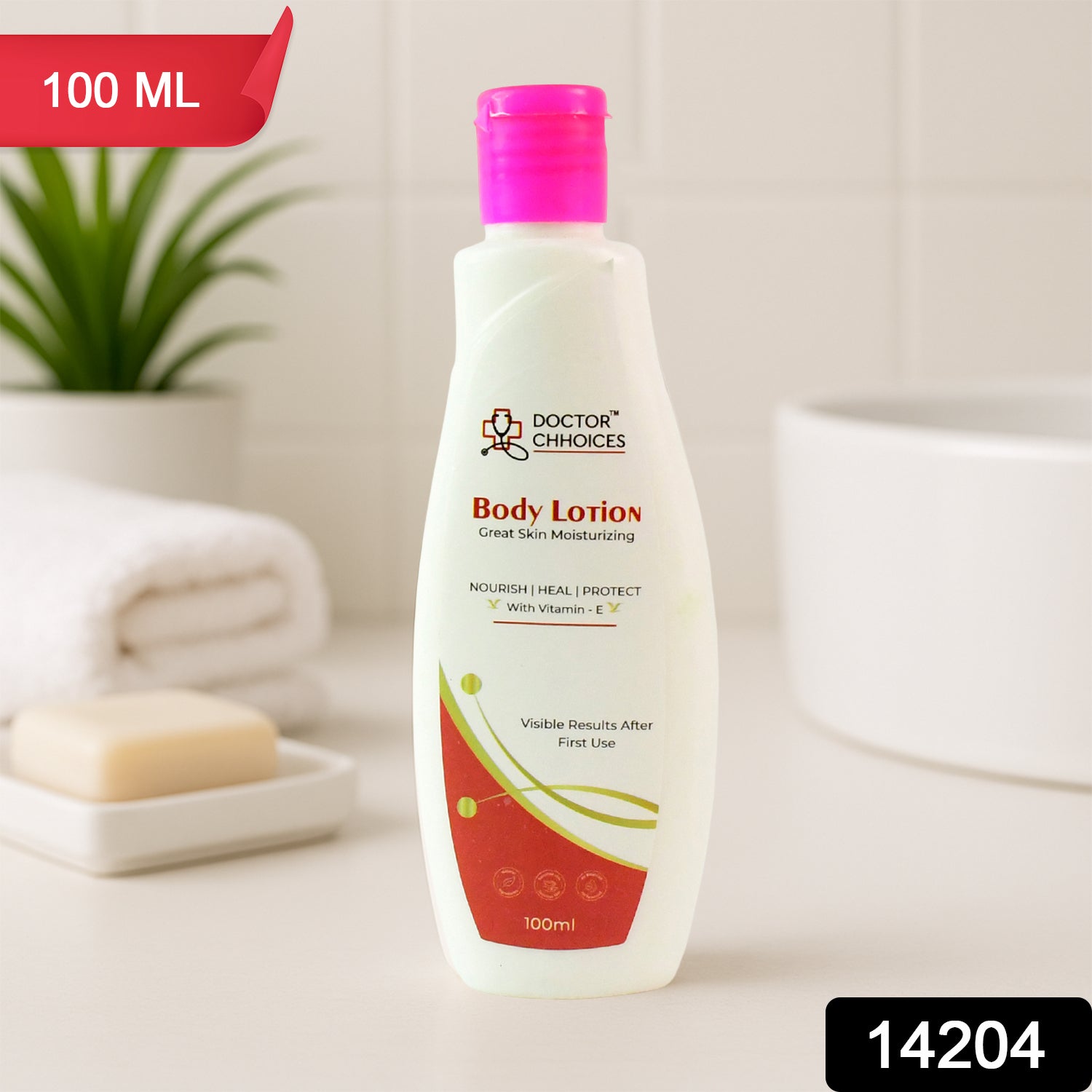 Wukusy Doctor Choices Vitamin E Enriched Body Lotion 100ml bottle, moisturizing health care product with a pump dispenser.
