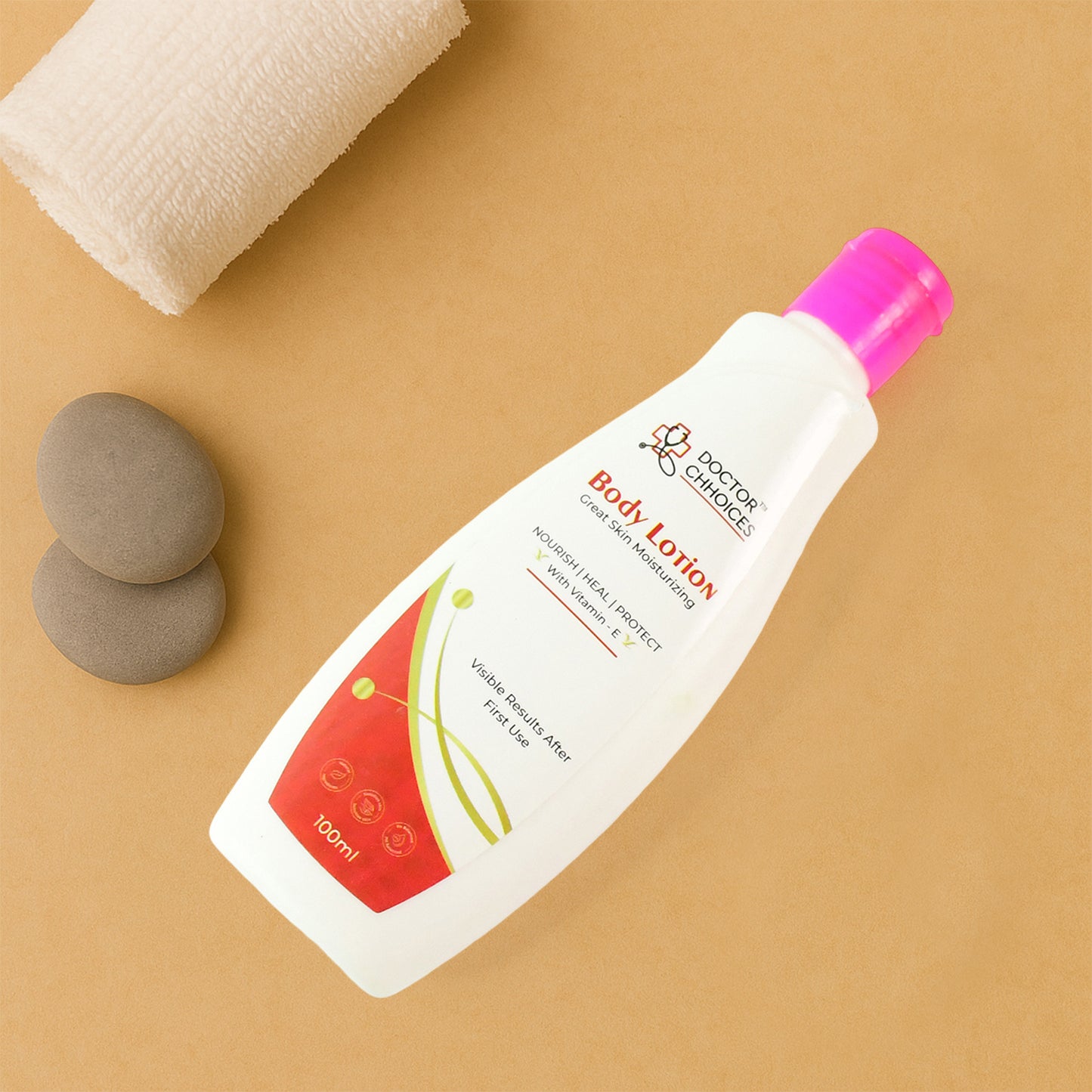 Wukusy Doctor Choices 100ml Vitamin E Enriched Body Lotion bottle, moisturizing health care product with vibrant packaging.