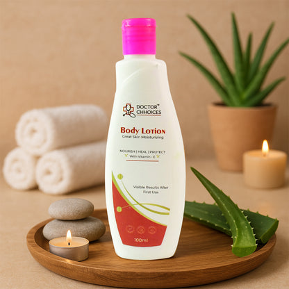 Wukusy Doctor Choices 100ml Vitamin E Enriched Body Lotion bottle, health care product for nourishing and moisturizing skin.