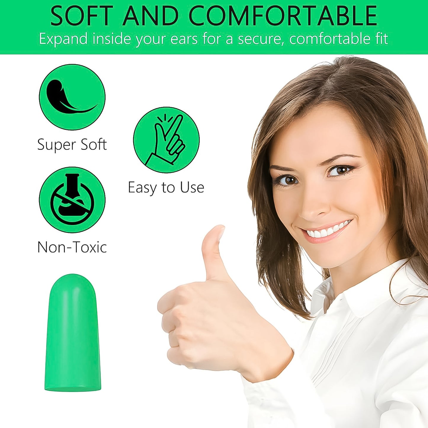 Wukusy foam earplugs for noise reduction, pair of soft, disposable ear protection for health care use in noisy environments.