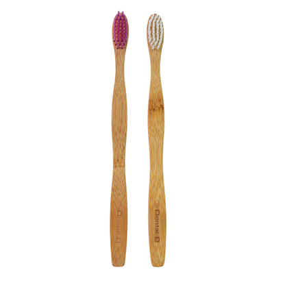 Two eco-friendly Wukusy bamboo toothbrushes with medium bristles, natural bamboo handles, and soft bristle heads for oral care.