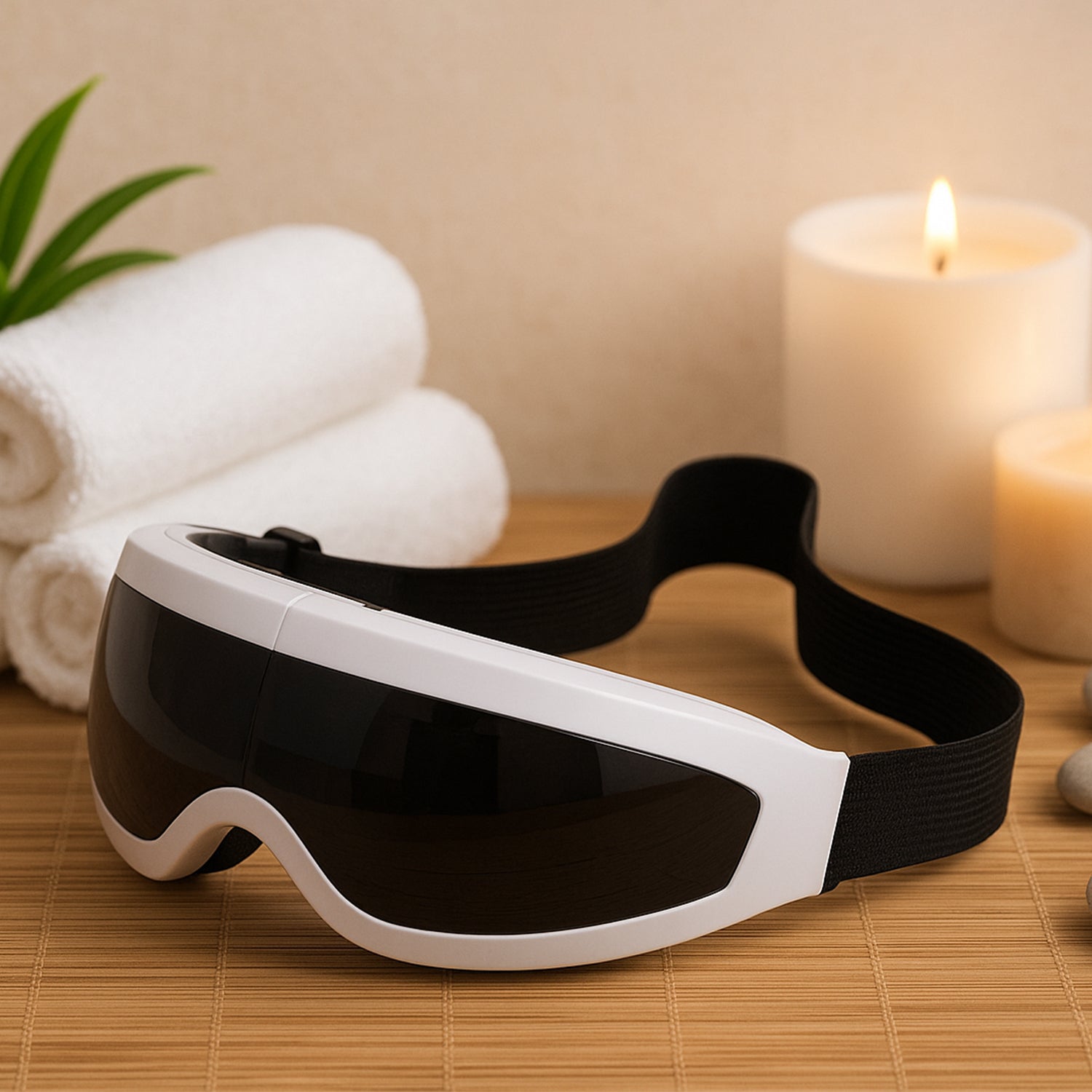 Wukusy electric eye massager with adjustable elastic band, designed for eye relaxation and health care.