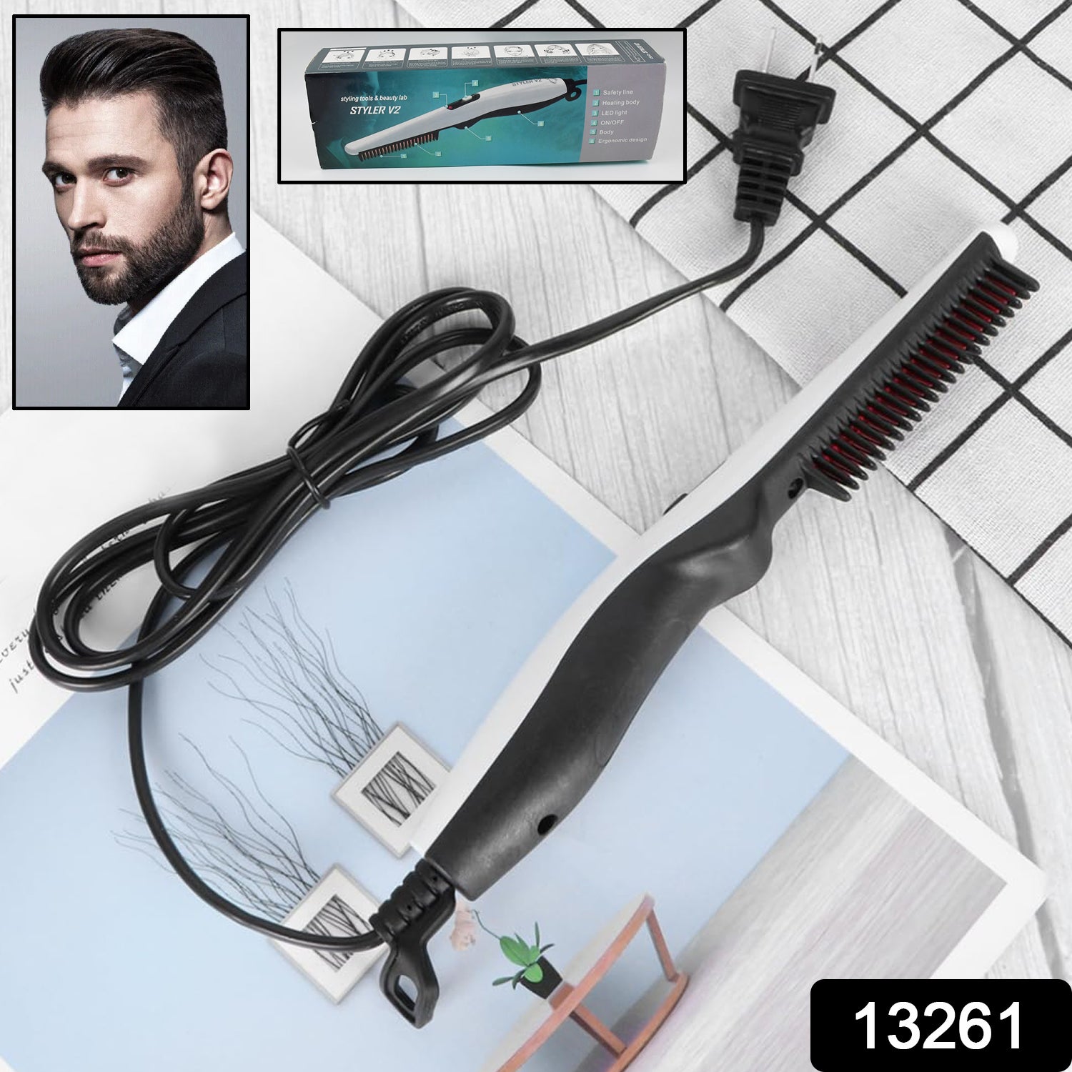 Wukusy portable electric hair and beard straightening comb, black plastic design with heating plates for quick styling.