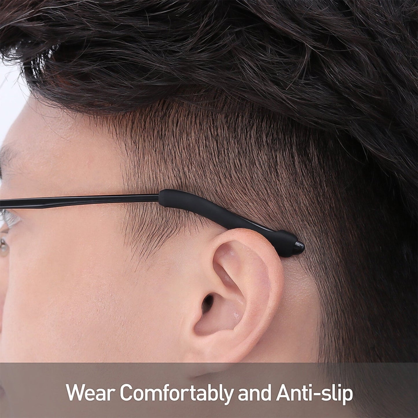 Wukusy soft silicone eyeglass anti-slip ear grips on glasses, providing secure fit and comfort for health care needs.