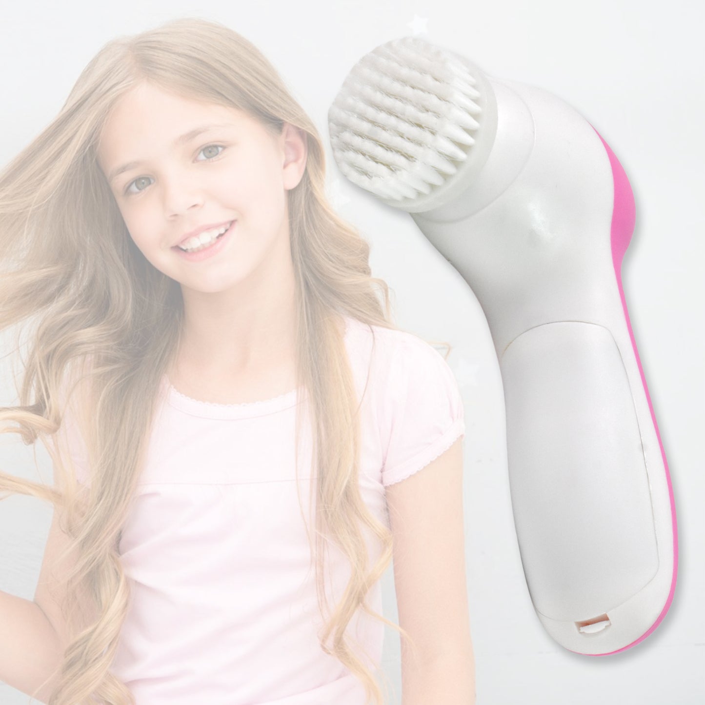 Wukusy facial beauty brush face massager with handle, powered by 2 AA batteries, for skincare and facial massage.