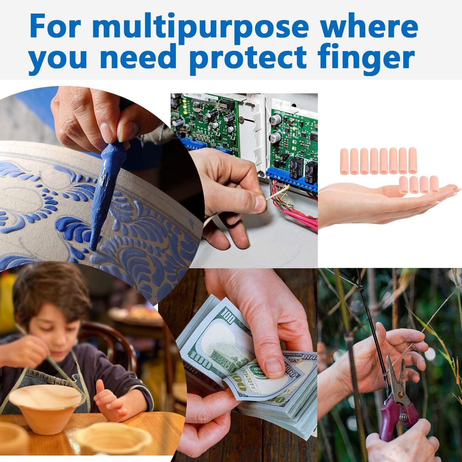 Set of five Wukusy silicone finger caps, flexible protective sleeves for finger care and health protection.