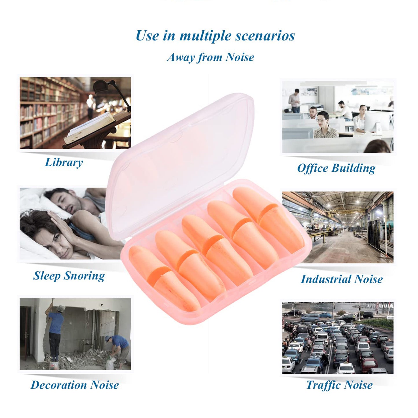 Wukusy foam ear plugs with portable storage box, 5 pairs, for noise reduction and ear protection in health care.