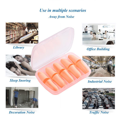 Wukusy foam ear plugs with portable storage box, 5 pairs, for noise reduction and ear protection in health care.