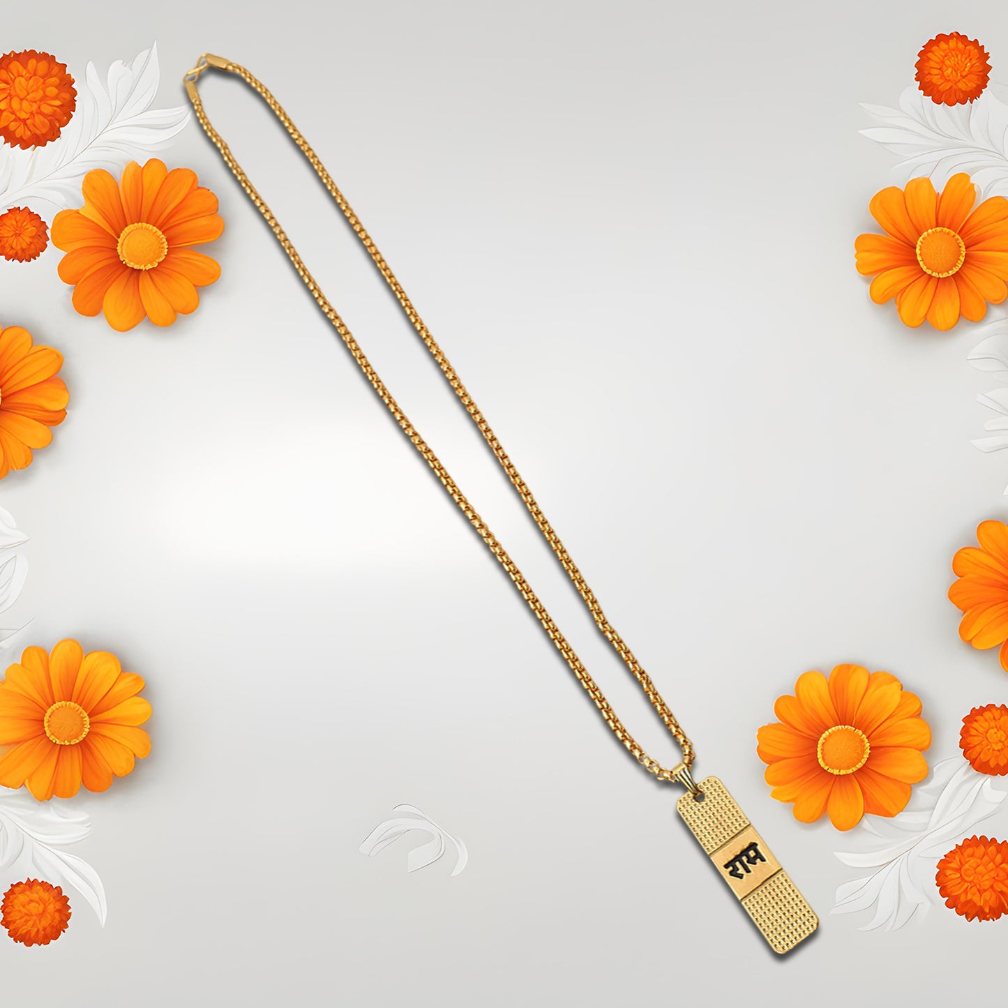 Golden Ram Naam Locket with chain by Wukusy, featuring a detailed gold-toned religious pendant on a matching chain.