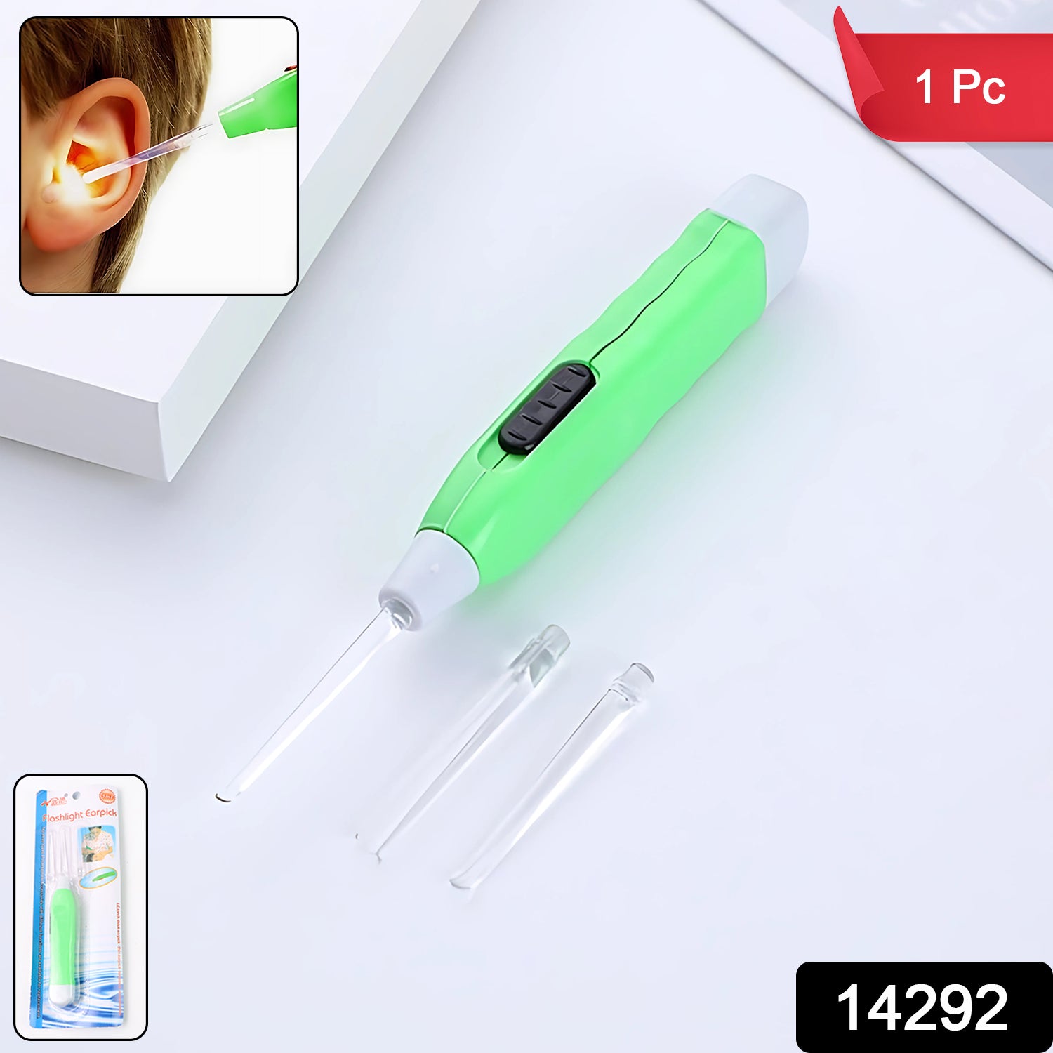 Green LED flashlight earpick with tweezer from Wukusy, a health care tool for ear cleaning and precise removal.