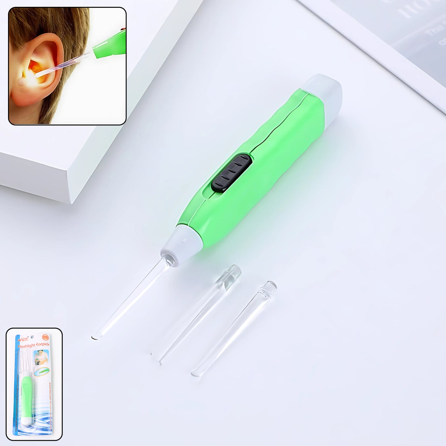 Green LED flashlight earpick with tweezer from Wukusy, used for ear cleaning and health care, shown with the device and accessories.