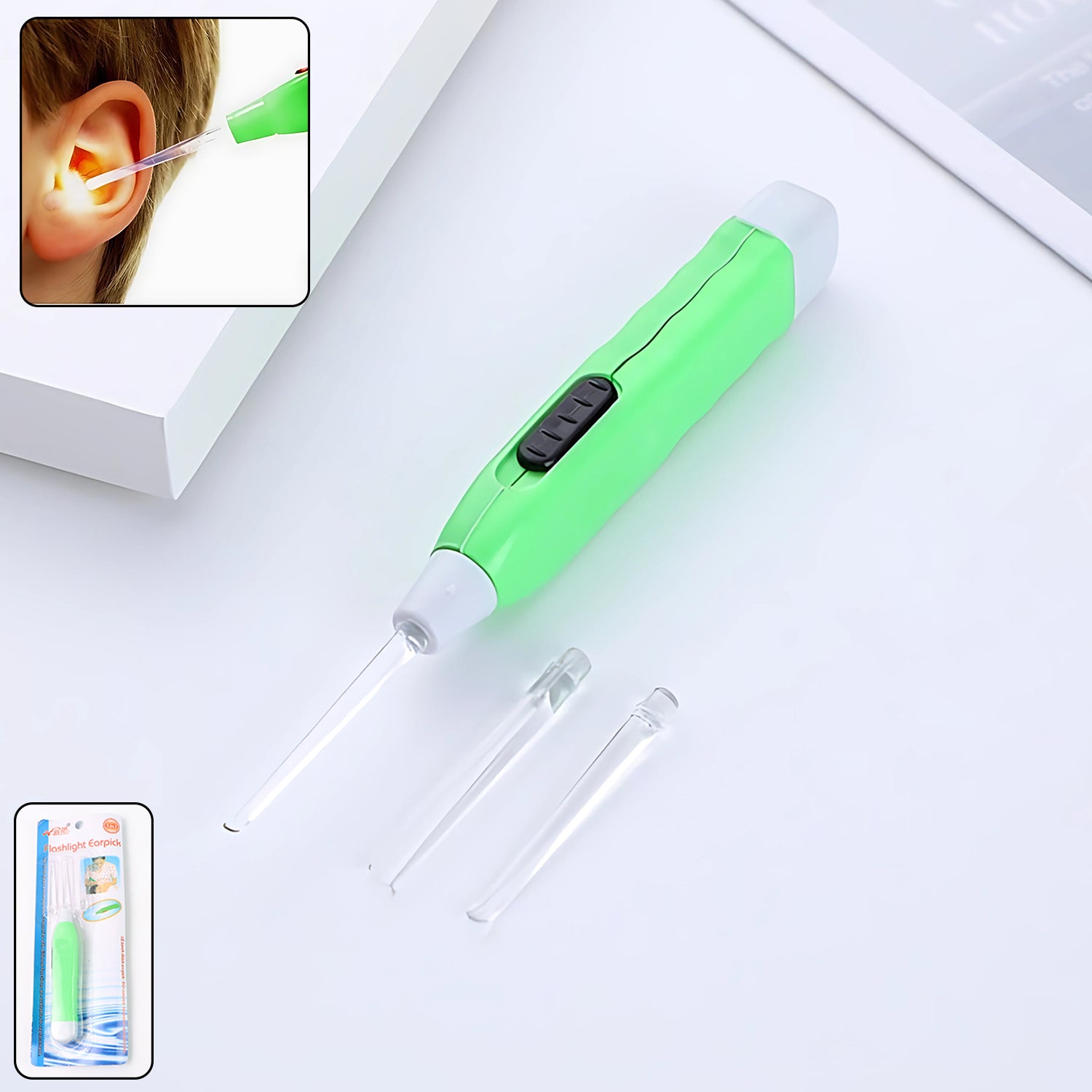 Green LED flashlight earpick with tweezer from Wukusy, used for ear cleaning and health care, shown with the device and accessories.