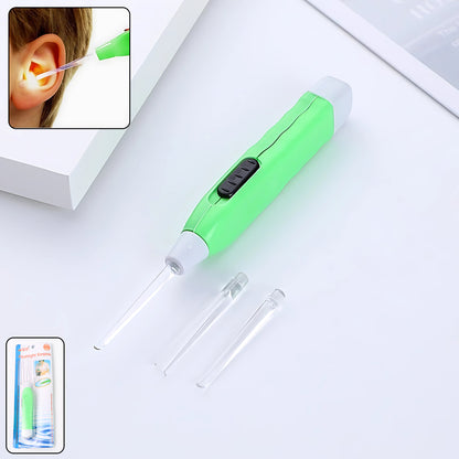 Green LED flashlight earpick with tweezer from Wukusy, used for ear cleaning and health care, shown with the device and accessories.